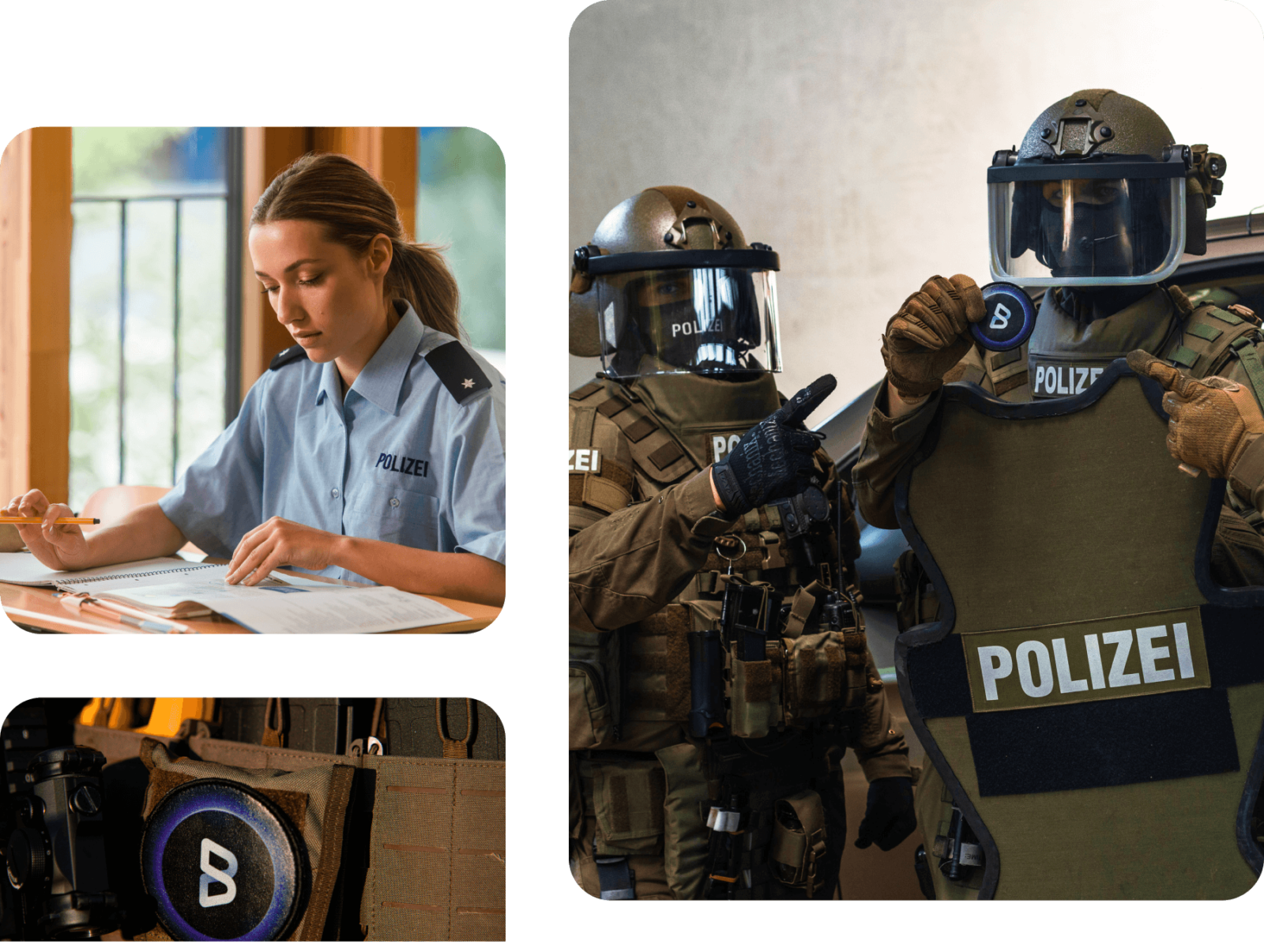 Polizist:innen beim Lernen und beim Einsatz